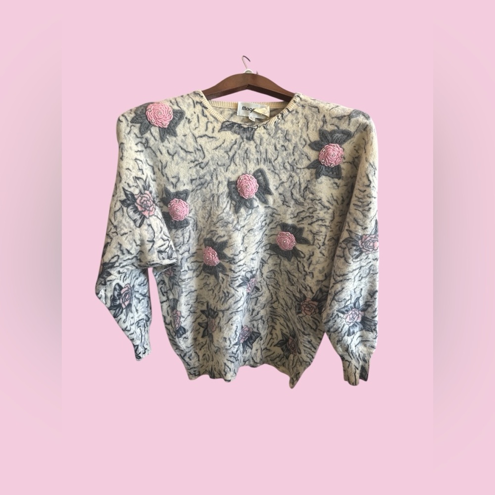 Magnolia Cream Sweater with Soft Gray Marble Pattern Embroidered Pink Rose Bows